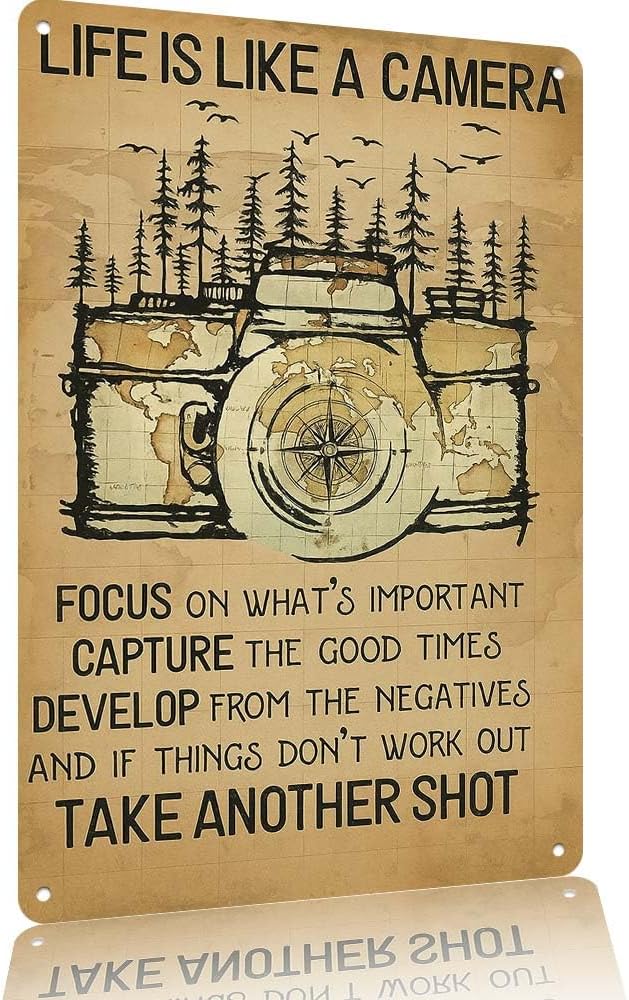 Life Is Like A Camera Inspirational Metal Sign Wall Decor 12x8in