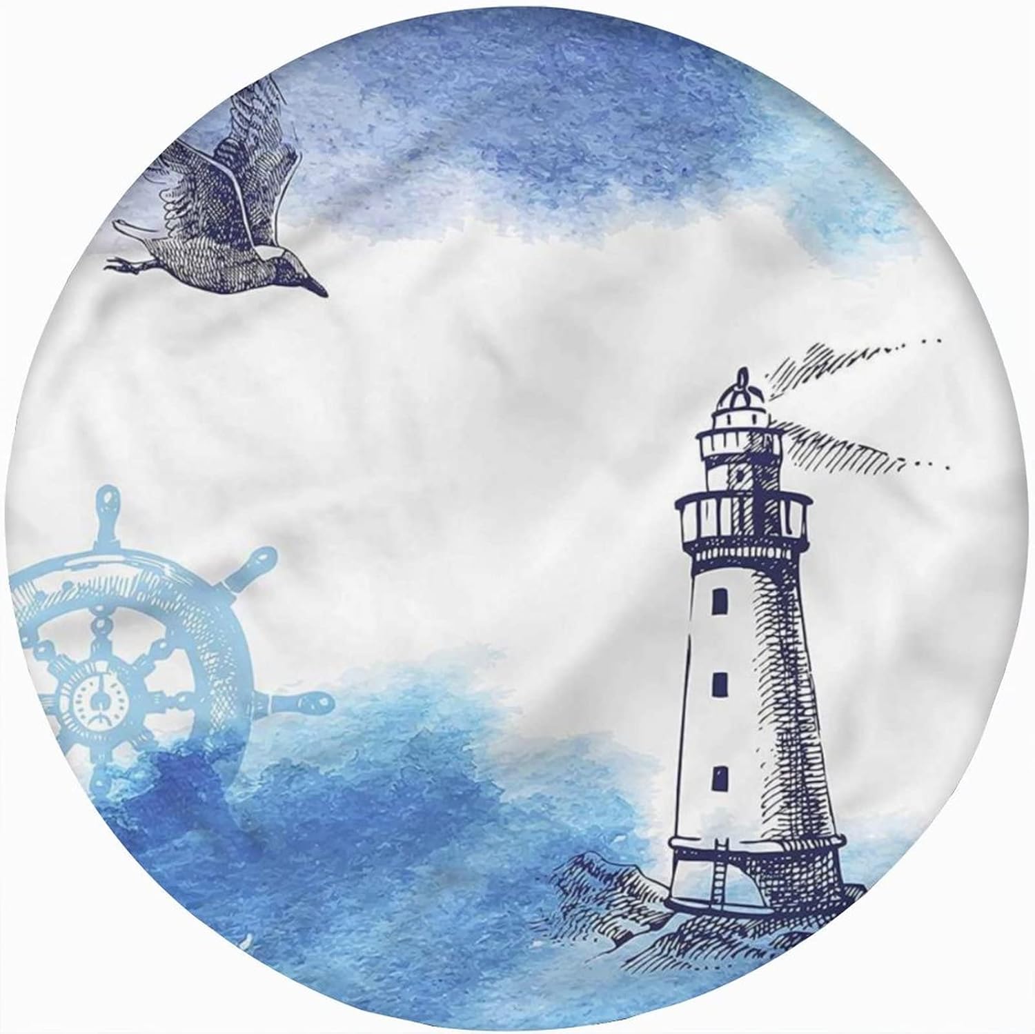 XISUNYA Lighthouse Round Fitted Tablecloth Cover,Hand Drawn Art Anchor Elastic Edged Print Polyester Table Pad, Fits Round Table 60" Diameter, for Restaurant Picnic Party