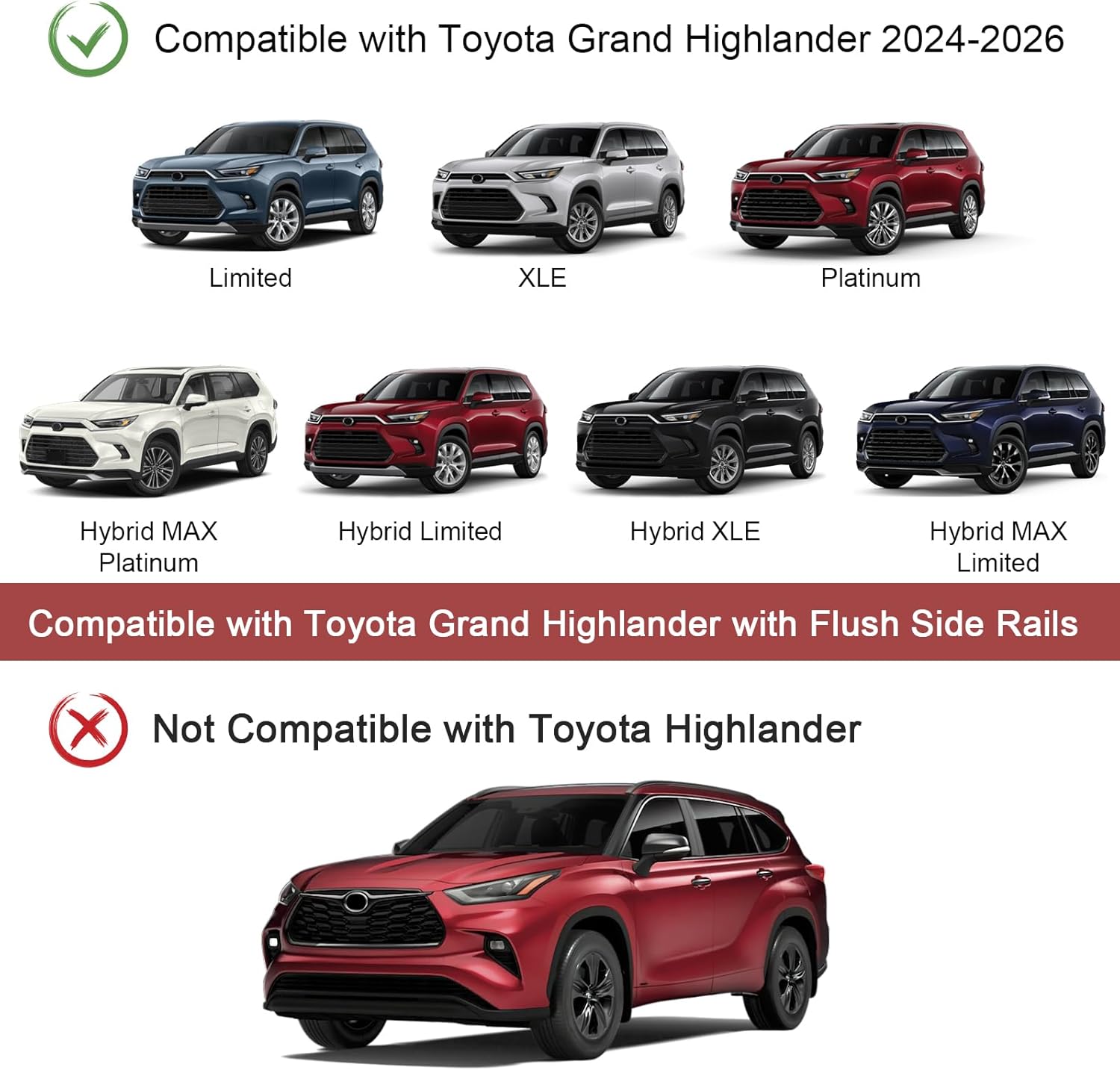 kinggeri roof rack cross bars compatible with toyota grand highlander & lexus tx 2024 2025 2026 (with flush side rails), lockable 260lbs heavy duty aluminum roof rails crossbars rooftop luggage compatible with toyota grand highlander 2024-2026