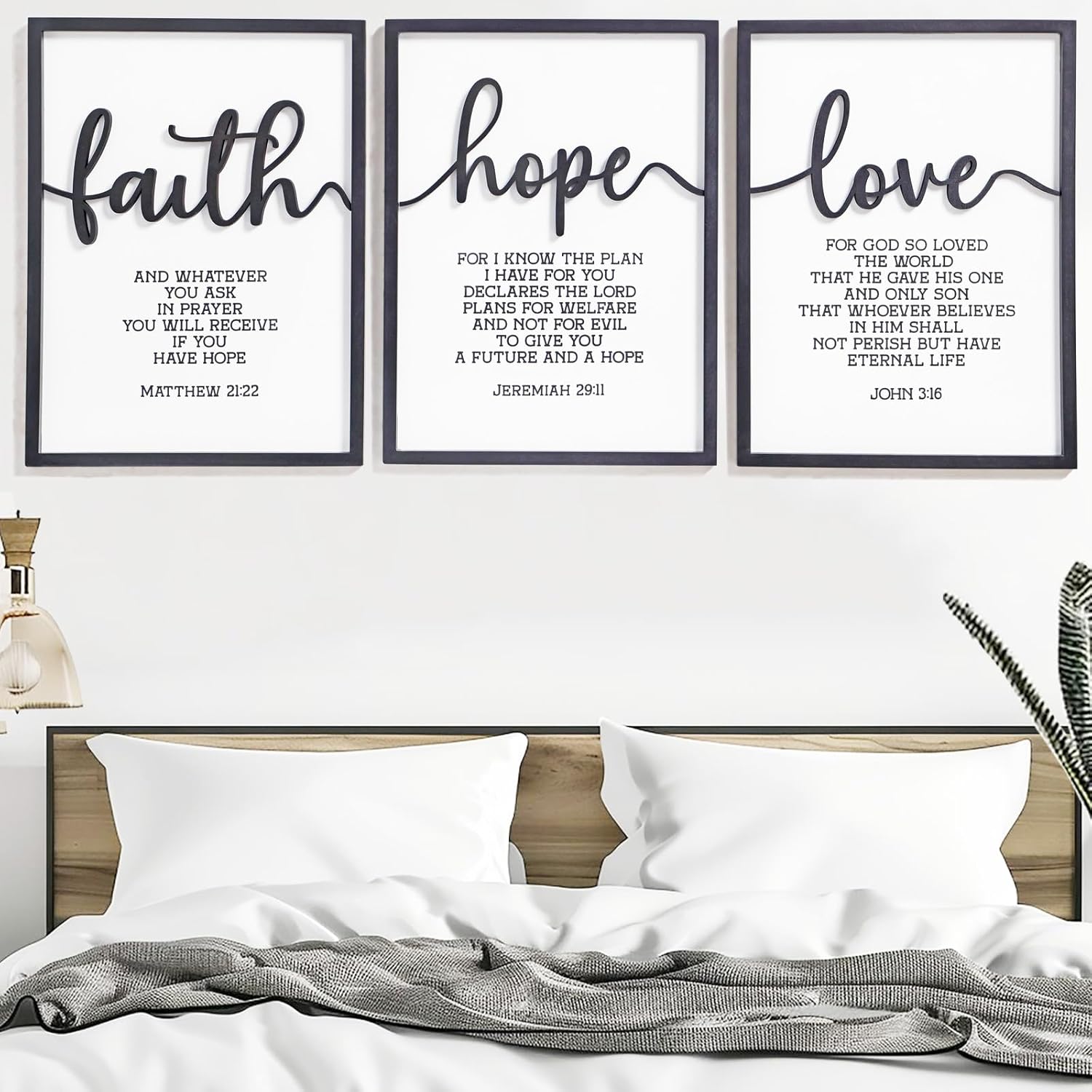 3D Wood Faith Hope Love Scripture Wall Art Set of 3 framed Christian home décor