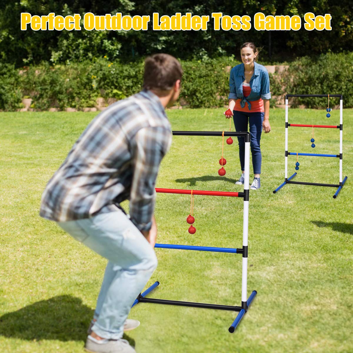 Goplus Ladder Toss Game Set, Indoor/Outdoor Ladder Ball Toss Game Set with 6 PE Bolas & Carrying Bag, Built-in Score Tracker, 40 x 24.5 Inches, Fun Game for Yard, Lawn, Beach