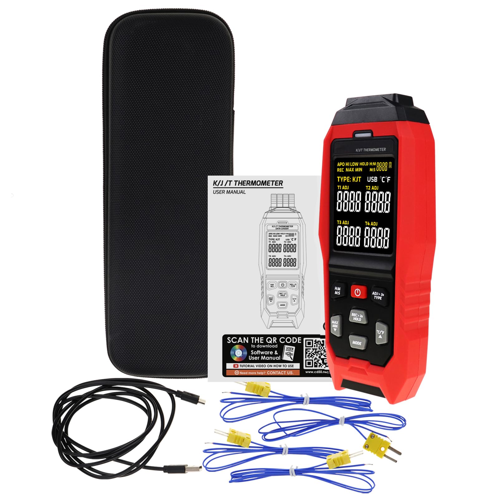 DataLogger 4-K Thermoelement-Thermometer Typ K/J/T Digitales Thermometer mit 5000 Gruppen von programmierbaren Temperaturdaten, die im Bereich von -328 ~ 1370 °C aufzeichnen