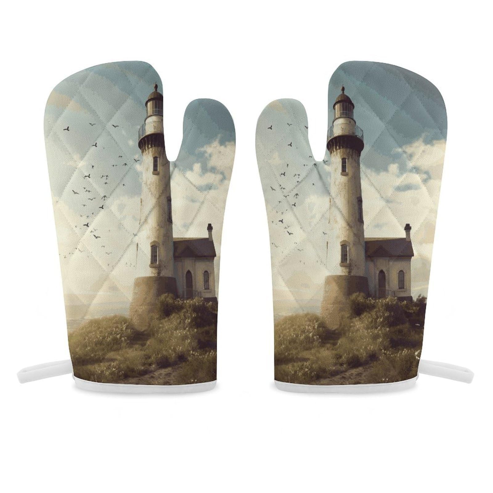 Old Lighthouse Oven Mitt Heat Resistant Potholder Set,Durable Oven Gloves for Gifts,Glove Pot Holder for Cooking Baking Grilling BBQ