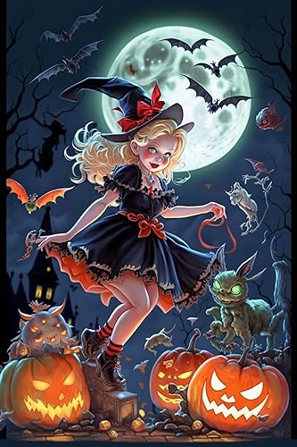 IHMOLN Kits de pintura de diamantes de bruja rubia, pintura de diamante de terror con luces de calabaza de Halloween, arte de paisaje de dibujos