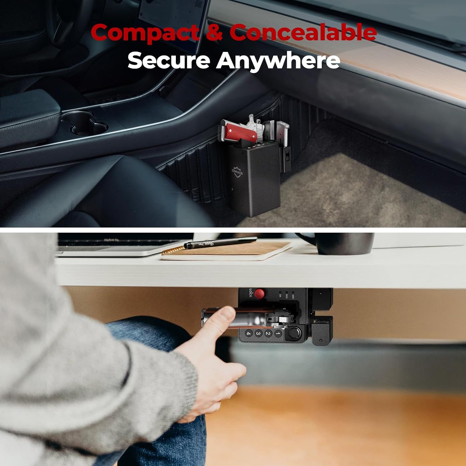 ONNAIS Biometric Pistol Gun Safe mounted under a desk and in a car console