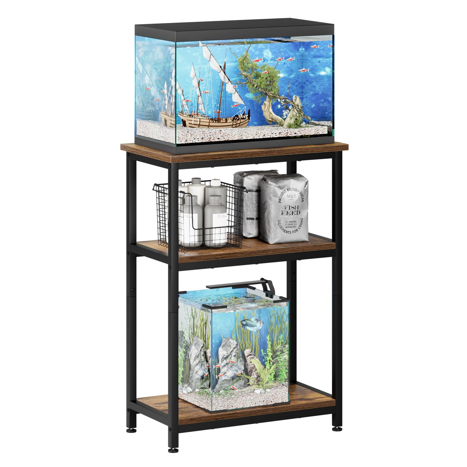 APPLOYN Aquarium-Ständer mit 3-stöckigem Aufbewahrungsregal, robuster Metallrahmen für Schildkröten, Reptilien, Terrarium, für Wohnzimmer, 52,1 x 29 x 29,5 cm (L x B x H), Vintagebraun