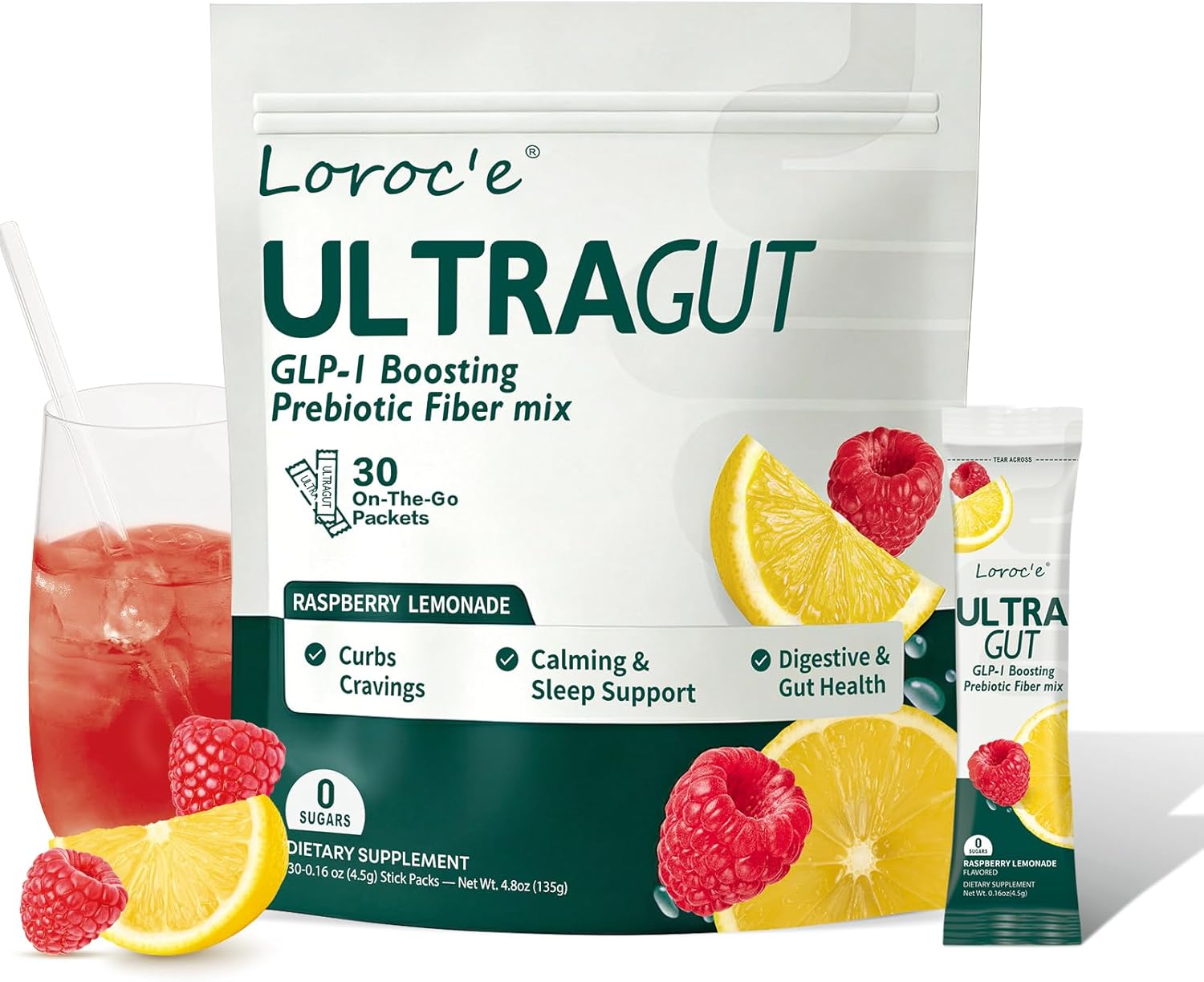 UltraGut GLP-1 Booster Fiber Mix Drink, Cortisol Reducer & Sleep Aid, with Prebiotics, Magnesium Glycinate, L-theanine, Ashwagandha, Vitamin D for Gut Health & Digestive Support, No Sugar, 30 Servings