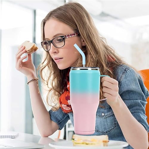 Miniatura 7 de Vaso de 40 onzas con asa y pajilla, tapa 2 en 1 (pajilla  abatible), taza de viaje de acero inoxidable aislada al vacío para bebidas calientes y