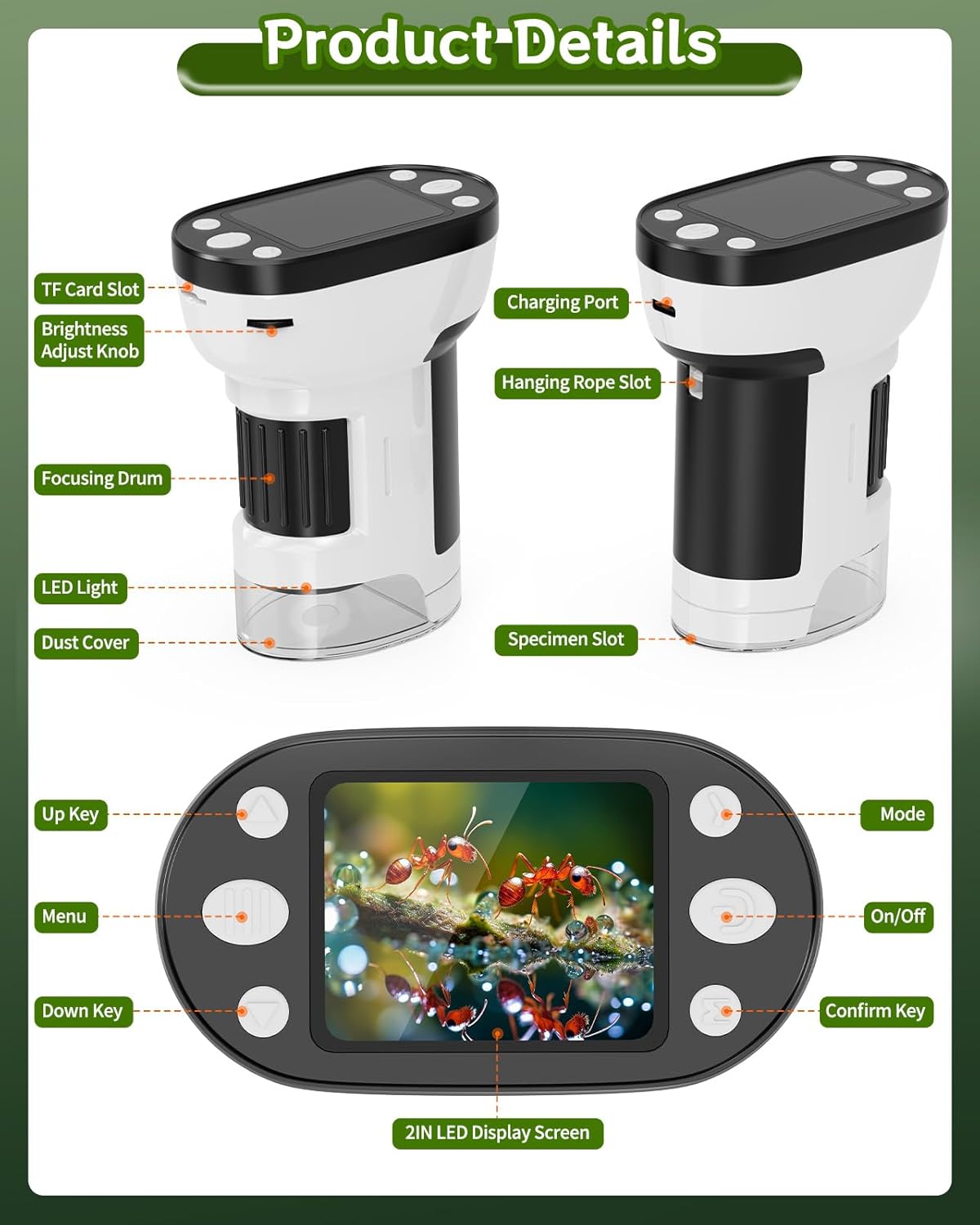 1000X Handheld Microscope for Kids, 2.0" Screen Pocket Microscope, Adjustable LED Screen Rechargeable, Toys for Christmas Birthday Gifts Toys Portable Edu Gift Age 4-6 8-12 Children Students