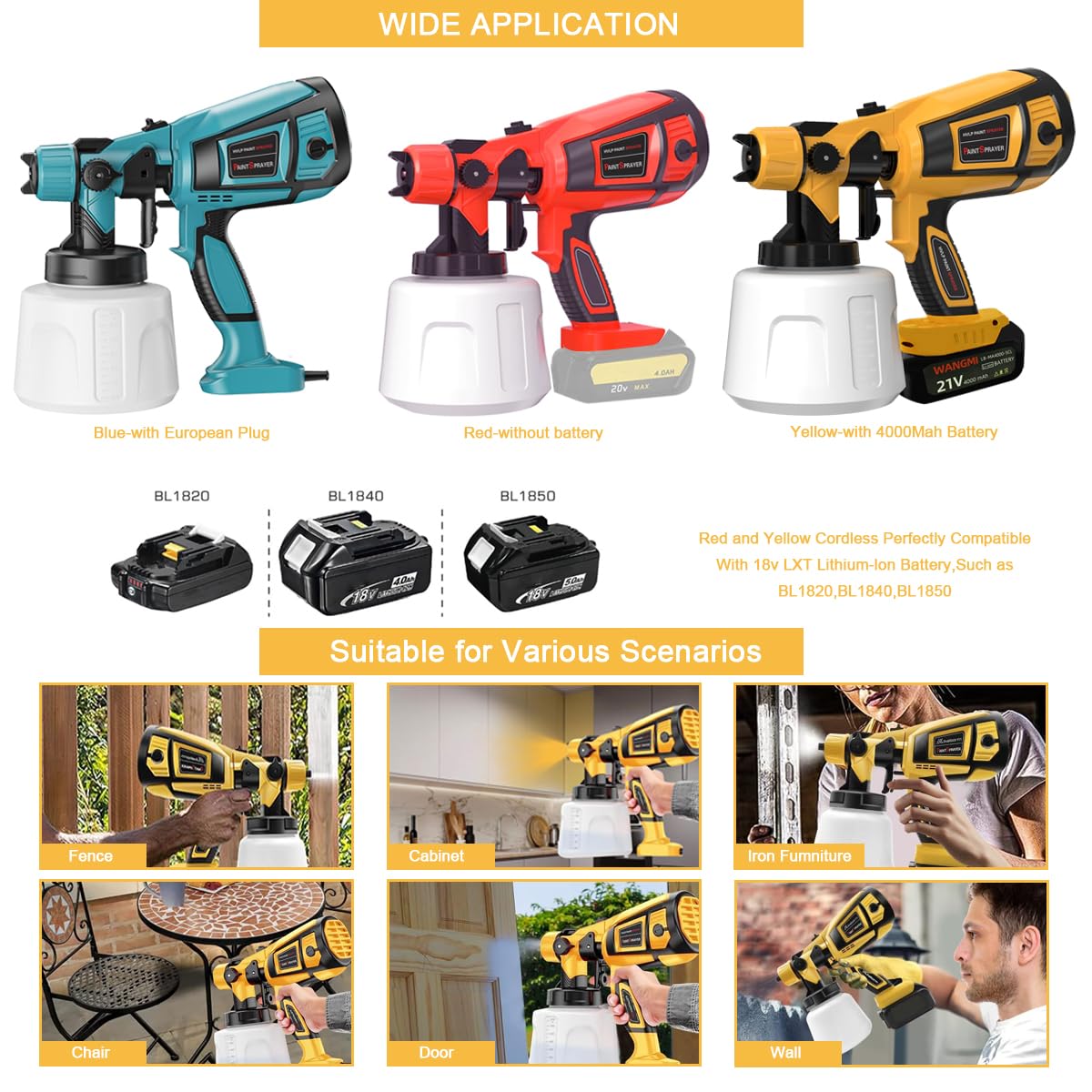 TOPALL Pistola Pintura Electrica Bateria,200W 32000PRM 1000ML HVLP Pistola para Pintar Paredes y Techos,Pistola Pintar,Pulverizador de Pintura,con 5 Boquillas y 3 Patrones para Paredes, Puertas, etc