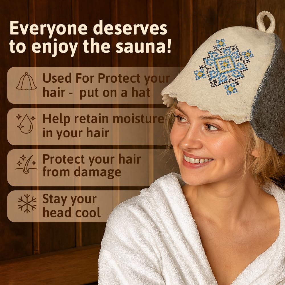 SHSH trade group Sombrero de sauna de lana ucraniana Bordado Ornamento Azul Vyshyvanka,Sombrero de sauna Finlandés,Sombrero de sauna para hombres,Sombreros de sauna ruso