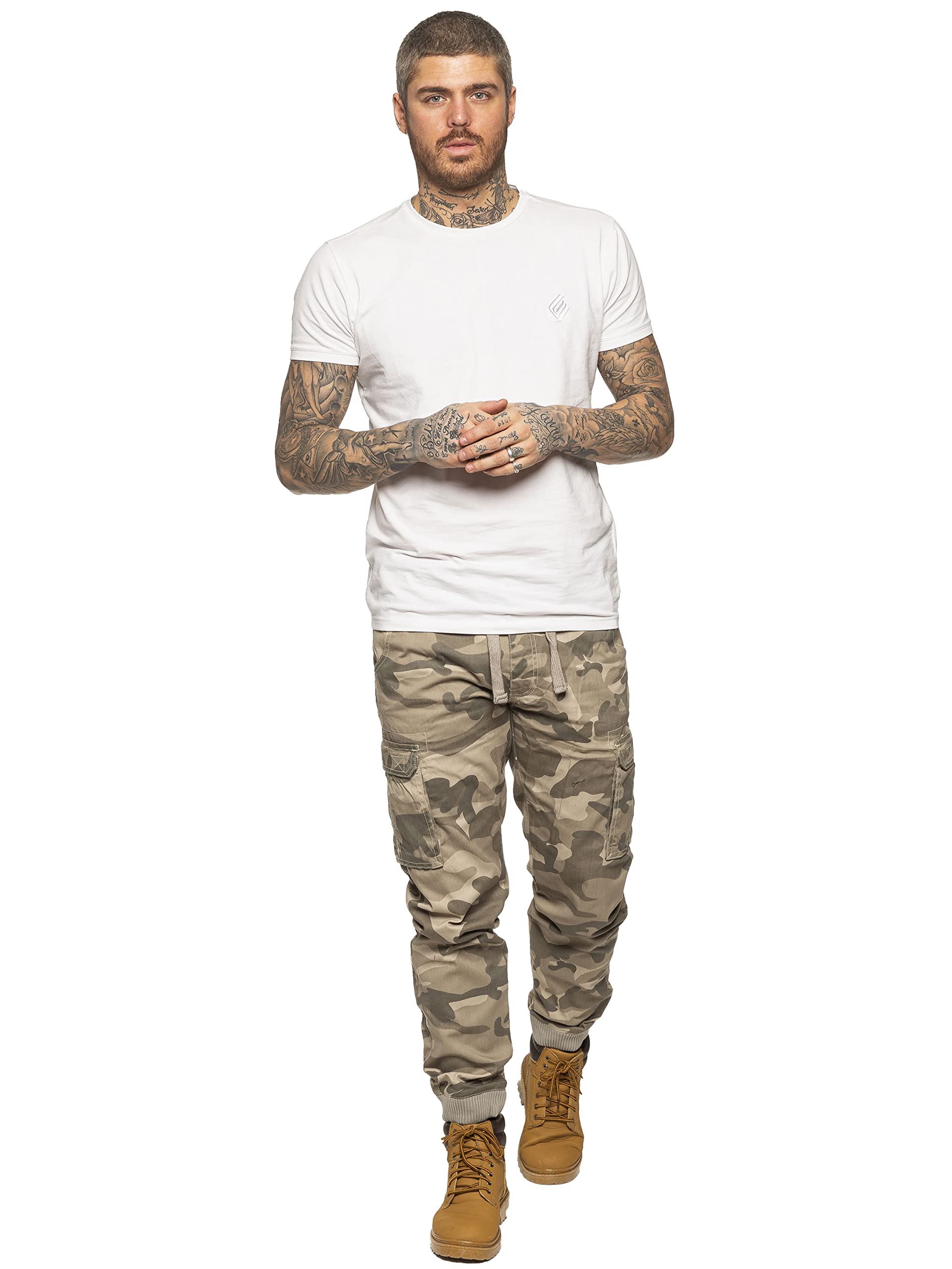 989Zé Enzo Men's Beige Cargo Trousers Elasticated Waist Camo Combat Pants Military Joggers Ez409 36W / 32L