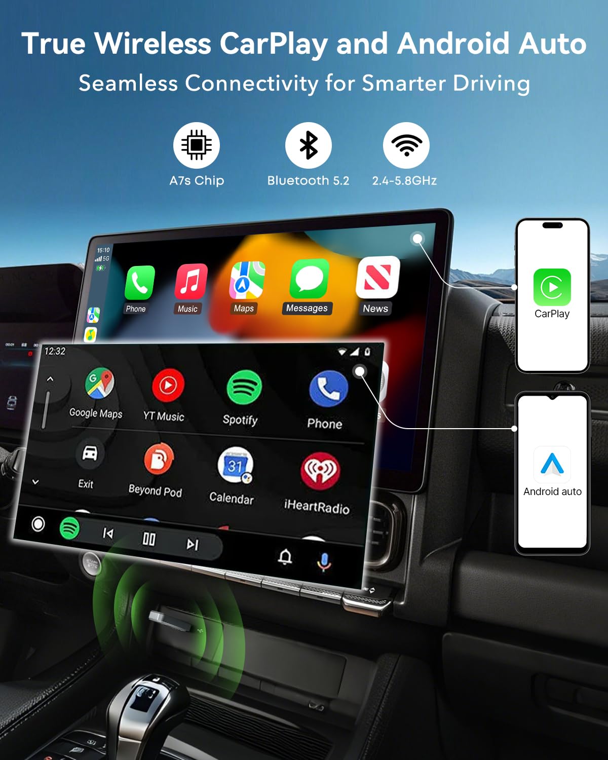 StageSound Mini bezprzewodowy adapter CarPlay & Android od Wired CarPlay na bezprzewodowy, Plug & Play, niskie opóźnienia, stabilne połączenie, złącze USB-A/C, kompatybilny z iPhone i Android