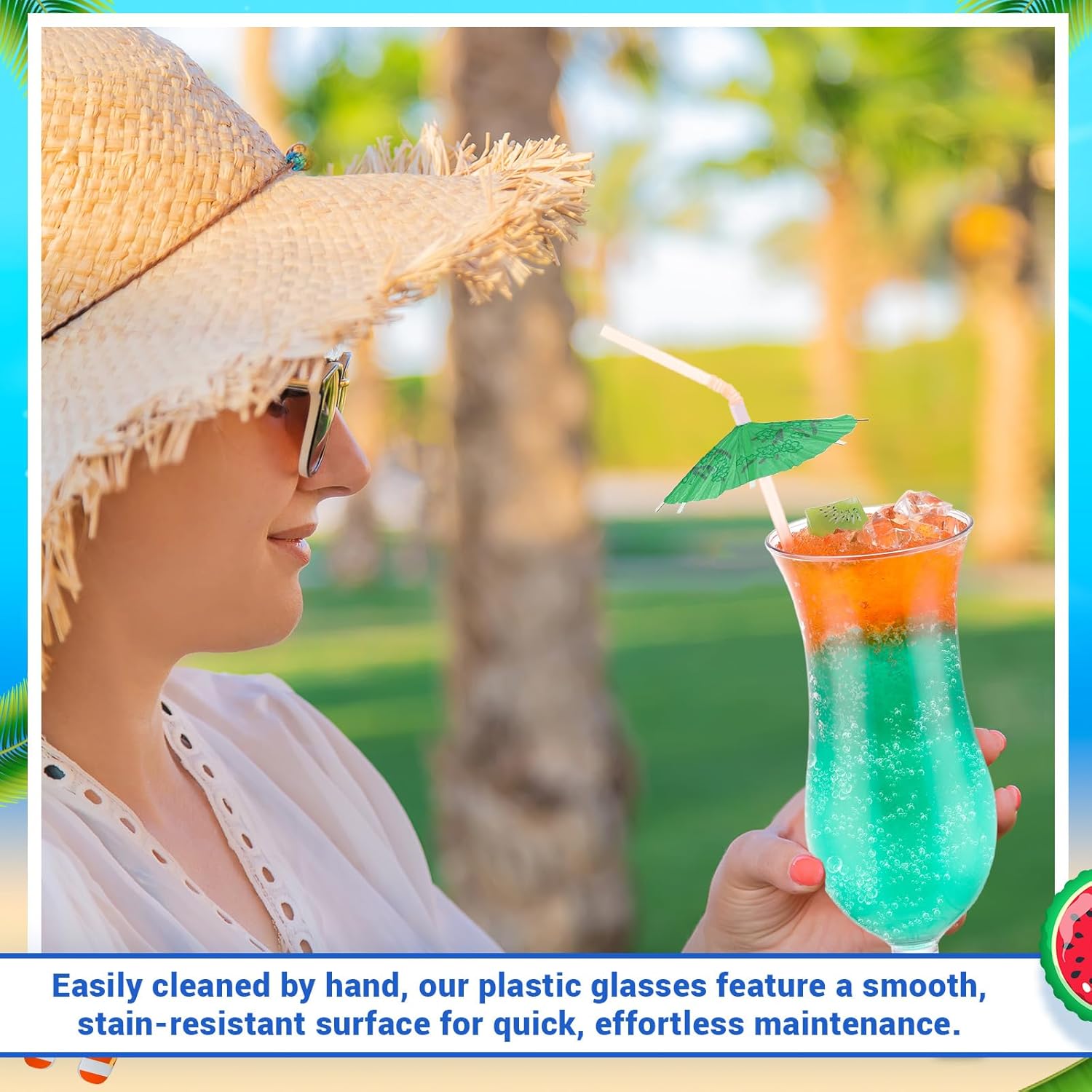 Baderke 12 Pcs Plastic Hurricane Glasses 13.5oz Break Resistant Reusable Plastic Pina Colada Cocktail Glasses Wine Margarita Tropical Beer Juice Beach Party with 30 Pcs Cocktail Straws