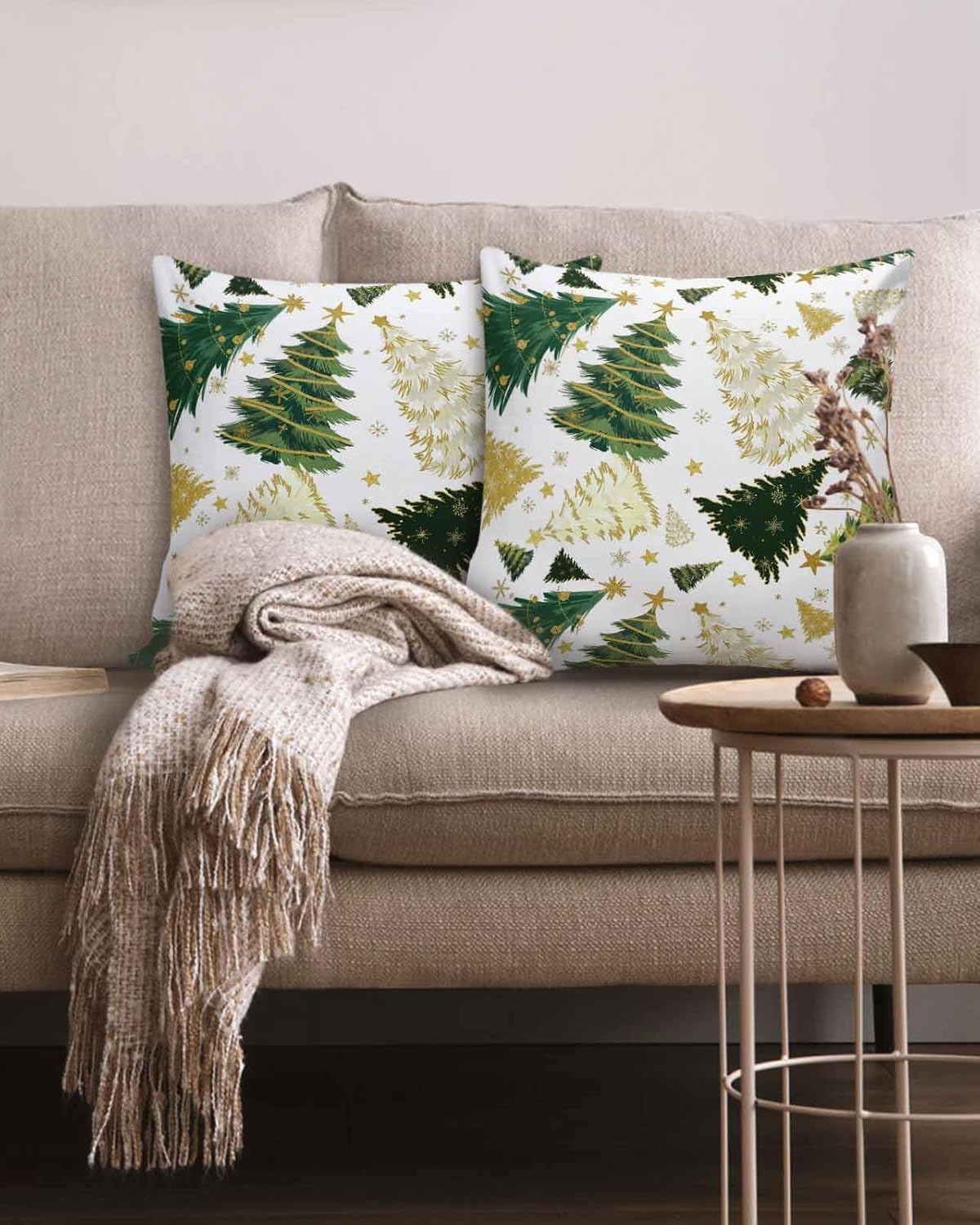JasmineM Christmas Pillow Covers Green Christmas Trees Set of 2 Outdoor Throw Pillow Cover Stars Pine Tree Forest Winter Holiday Square Pillowcases for Patio Sofa Couch Bedroom Decorative 20x20IN