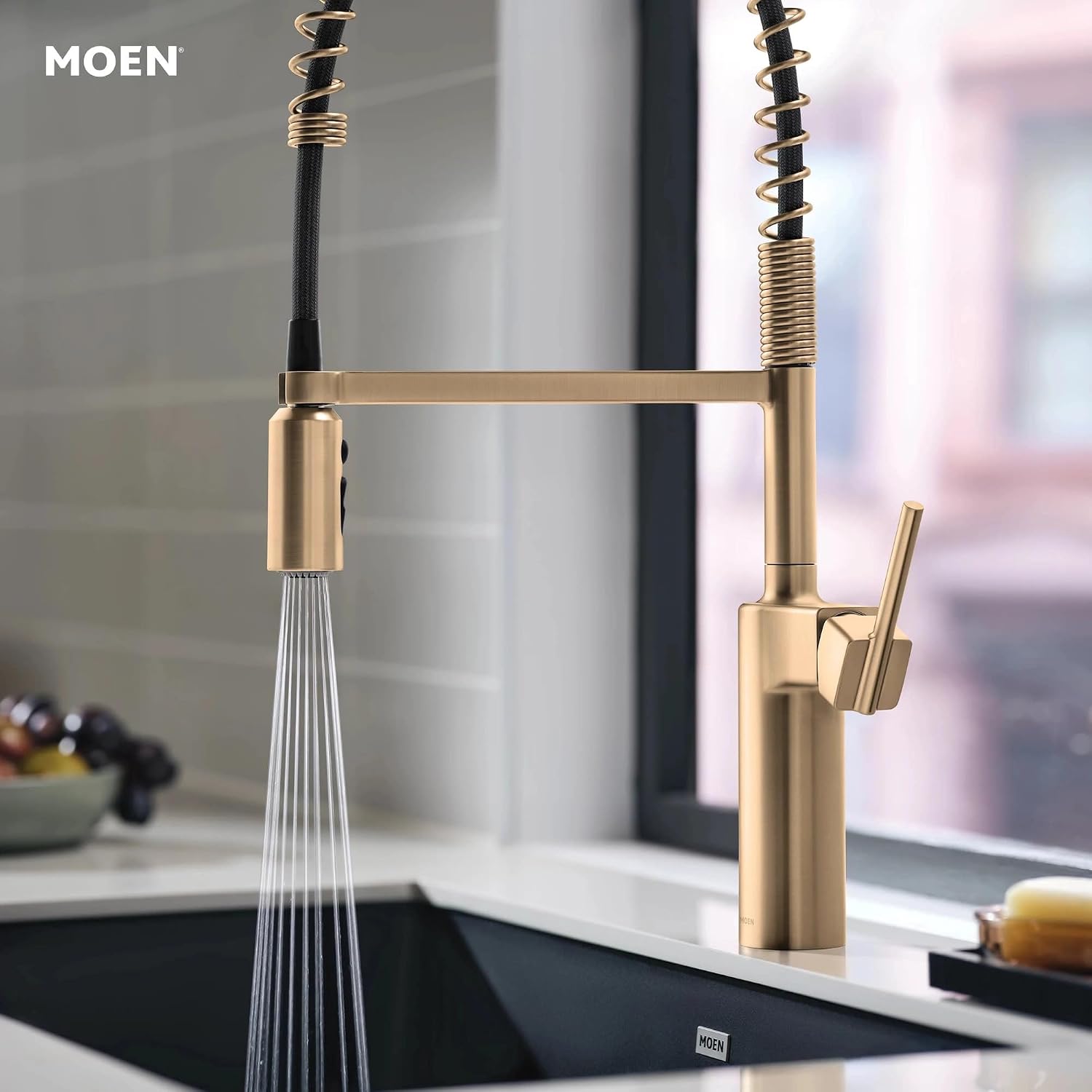 Condition photo showing New/Like New for moen inara bronzed gold spring pulldown kitchen faucet with pre-rinse and power boost, modern kitchen faucet, one-handle easy installation, 87863bzg
