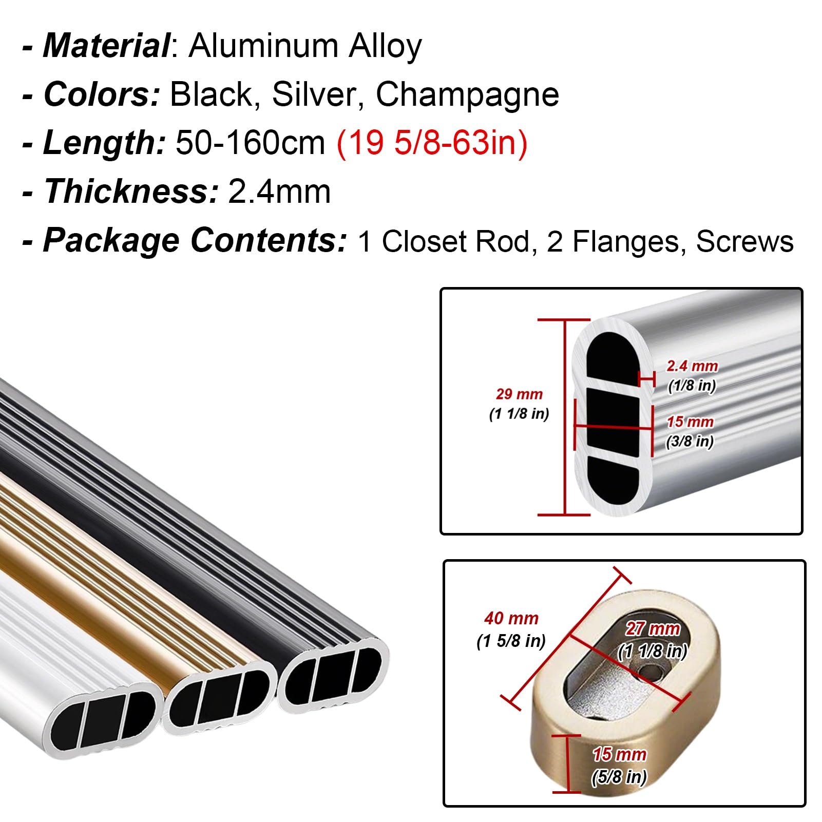 Drążek do garderoby, regulowany drążek do szafy ze stopu aluminium 61-102 cm, wodoodporny i matowy drążek do suszenia bielizny z uchwytami do pralni, srebrne wykończenie, rozwiązanie