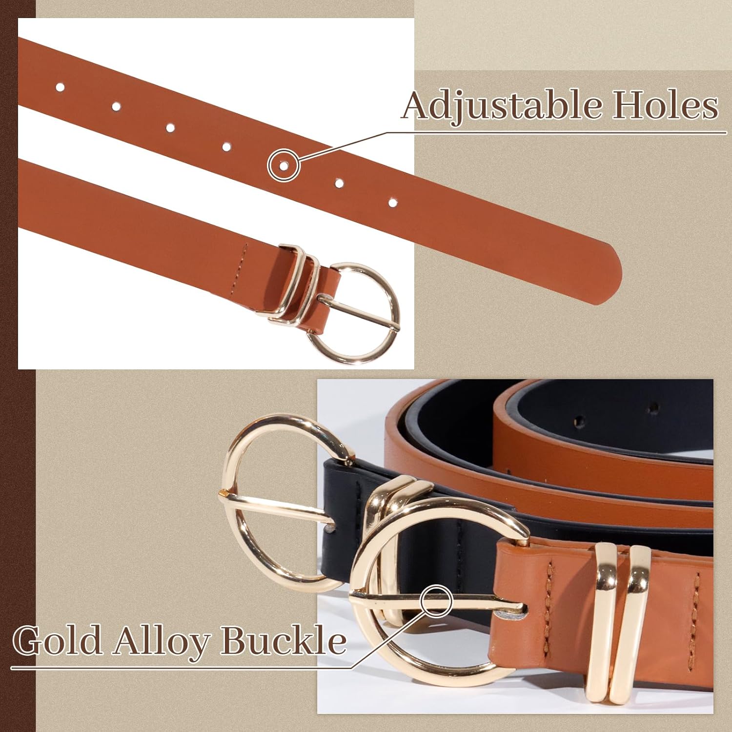 2 Pack Women Belts For Jeans Dresses Pants Fashion Ladies Leather Waist Belts for Women with Gold Buckle - Image 3