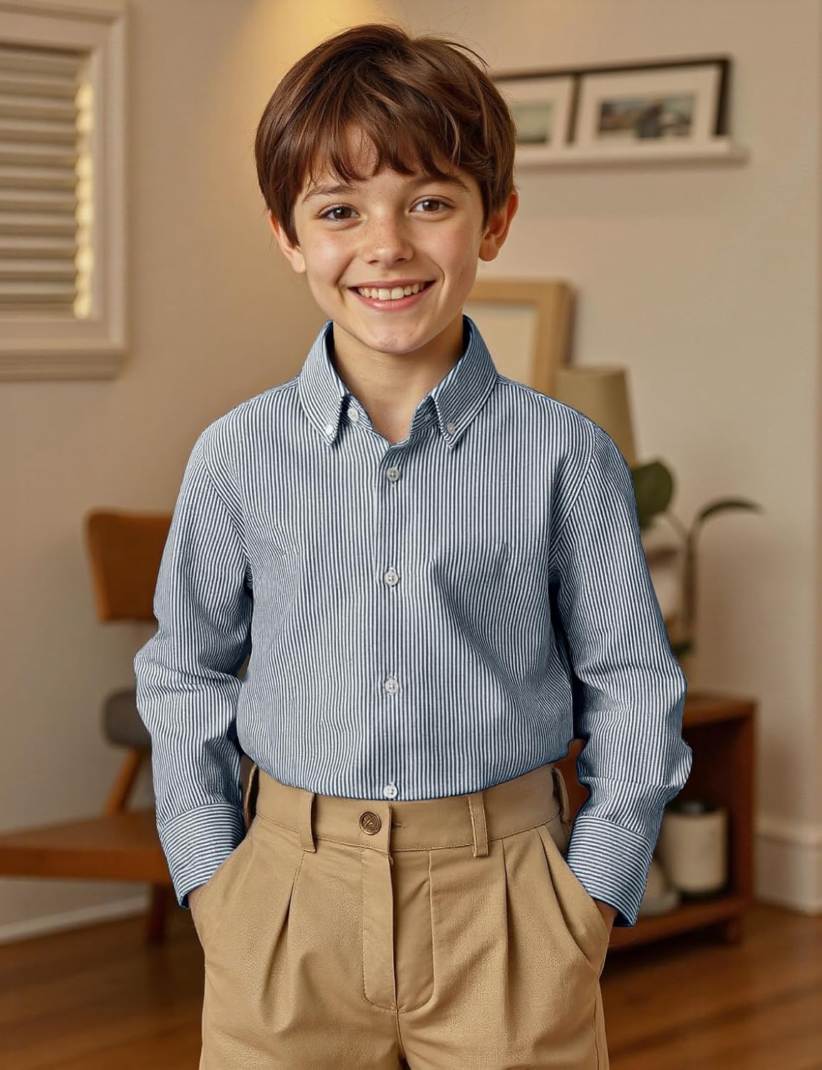 JOGAL Boys Long Sleeve Oxford Dress Shirts Casual Button Down Shirts Striped Tops for 6-14 Years - Image 2