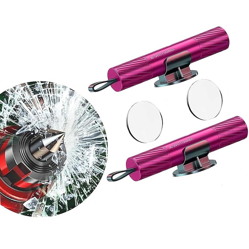 Kit com 2 Martelos de Emergência Automotivos Generic, Quebra-Vidro e Cortador de Cinto, Rosa