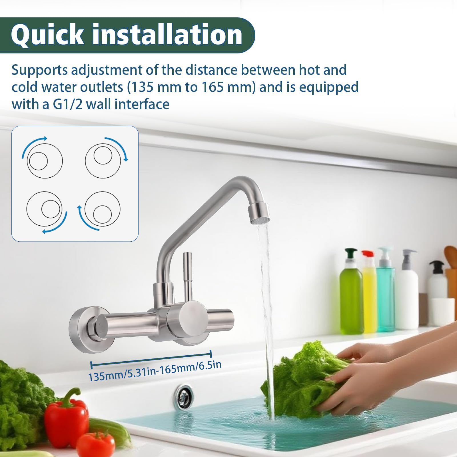 robinet mural de cuisine - Mitigeur de 360° froid et chaud - Mitigeur en acier inoxydable pour évier