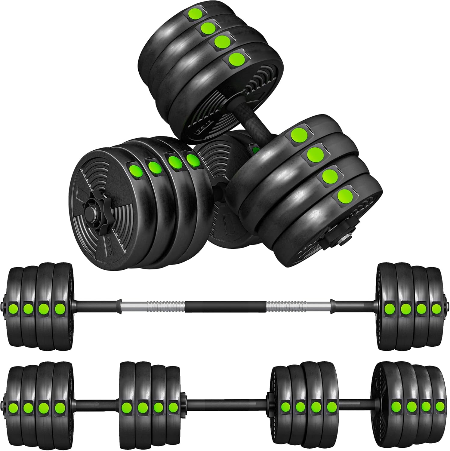 SPORTNOW 2-in-1 Set of Dumbbells - Convertible to Barbell - Total Weight 20/30 kg Adjustable Weight Plates and Non-Slip Handle - Black and Green