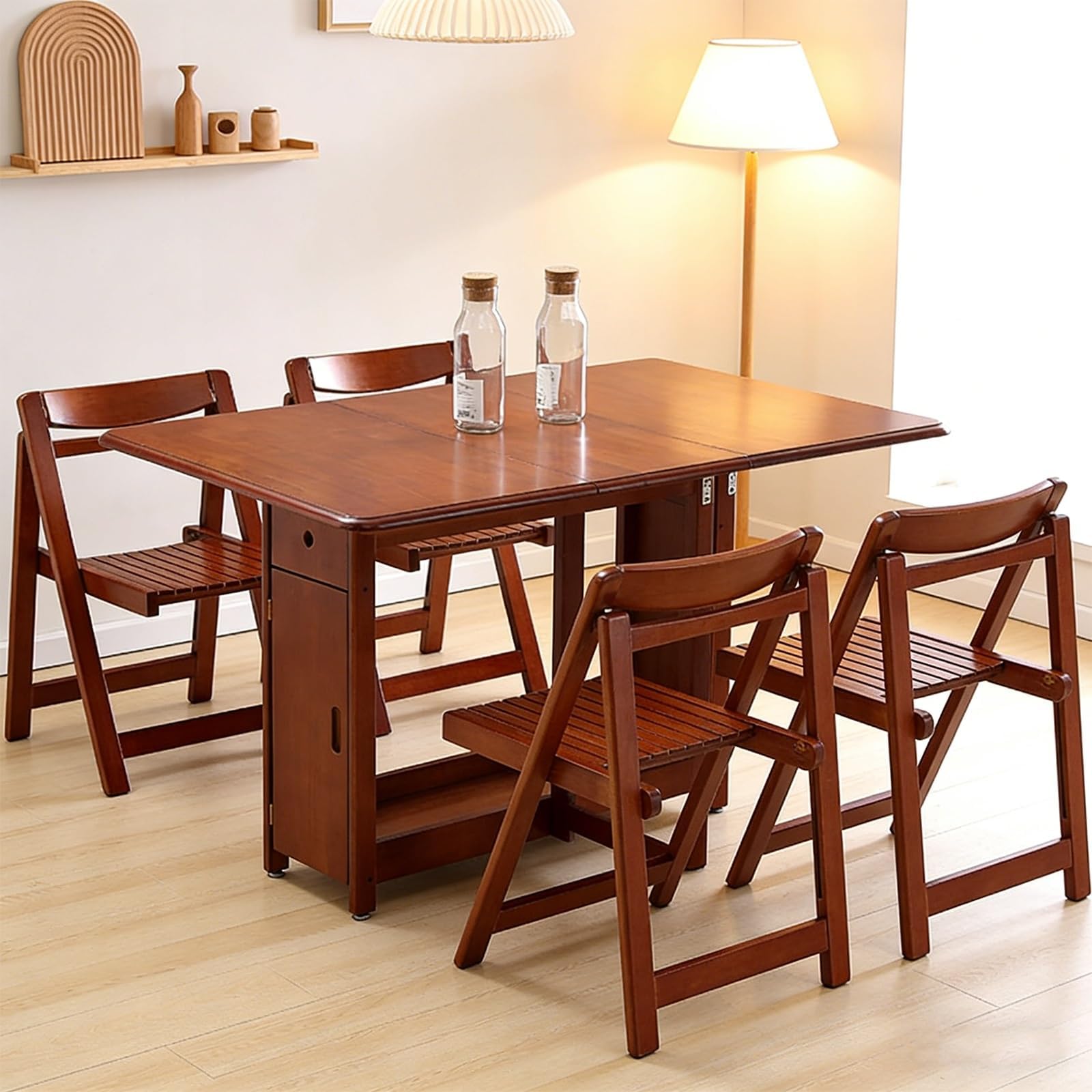 Space-Saving Extendable Folding Dining Set with 4 Chairs Sturdy Rubberwood Table on 360° Wheels Seats 6-8 Ideal for Family Kitchen Restaurant Apartment