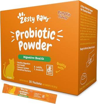 Zesty Paws Probiotics for Cats - Powder Meal Topper for Digestive, Immune System Support for Feline Biome - Premium DE111 Cat Probiotics for Digestive Health - Fiber & Yeast Extract - Pumpkin - 30 Ct