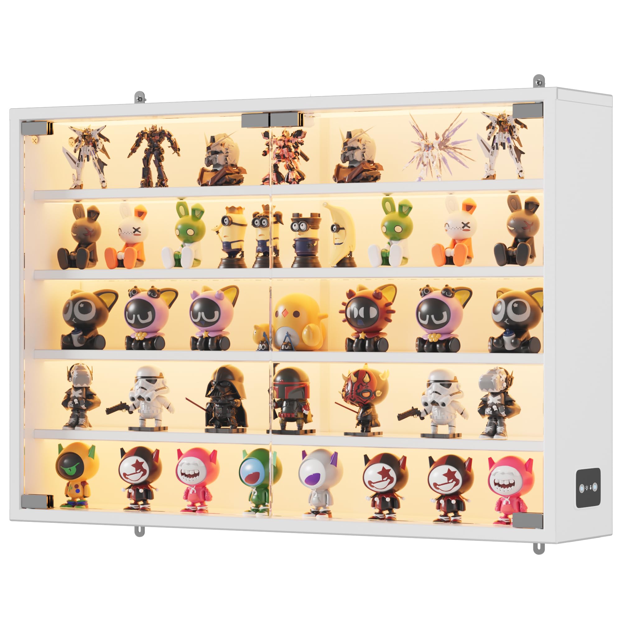 MSFE Glas HängeVitrinenschrank mit LED,Schaukasten Vitrine Klein mit Intelligente Sensorik,Glasvitrine Staubdicht,Sammlervitrine Wand Weiß,für Wohnzimmer,Schlafzimmer,Büro,Jede Schicht trägt 5 kg