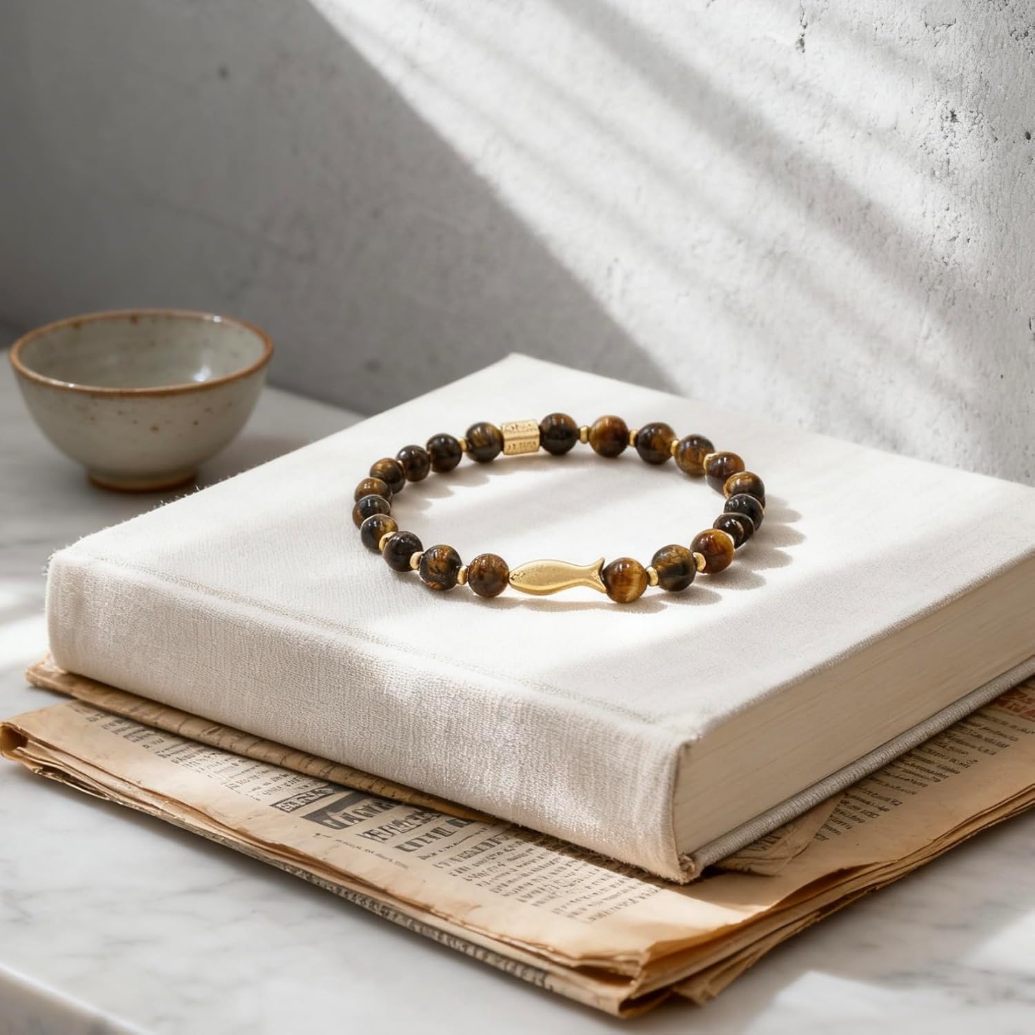 Tiger's Eye Beaded Bracelet Collection, Unisex Bohemian Jewelry, Natural Gemstone Healing Energy Spiritual Gift for Women and Men (Yellow panthera tigris eye small fish bracelet)