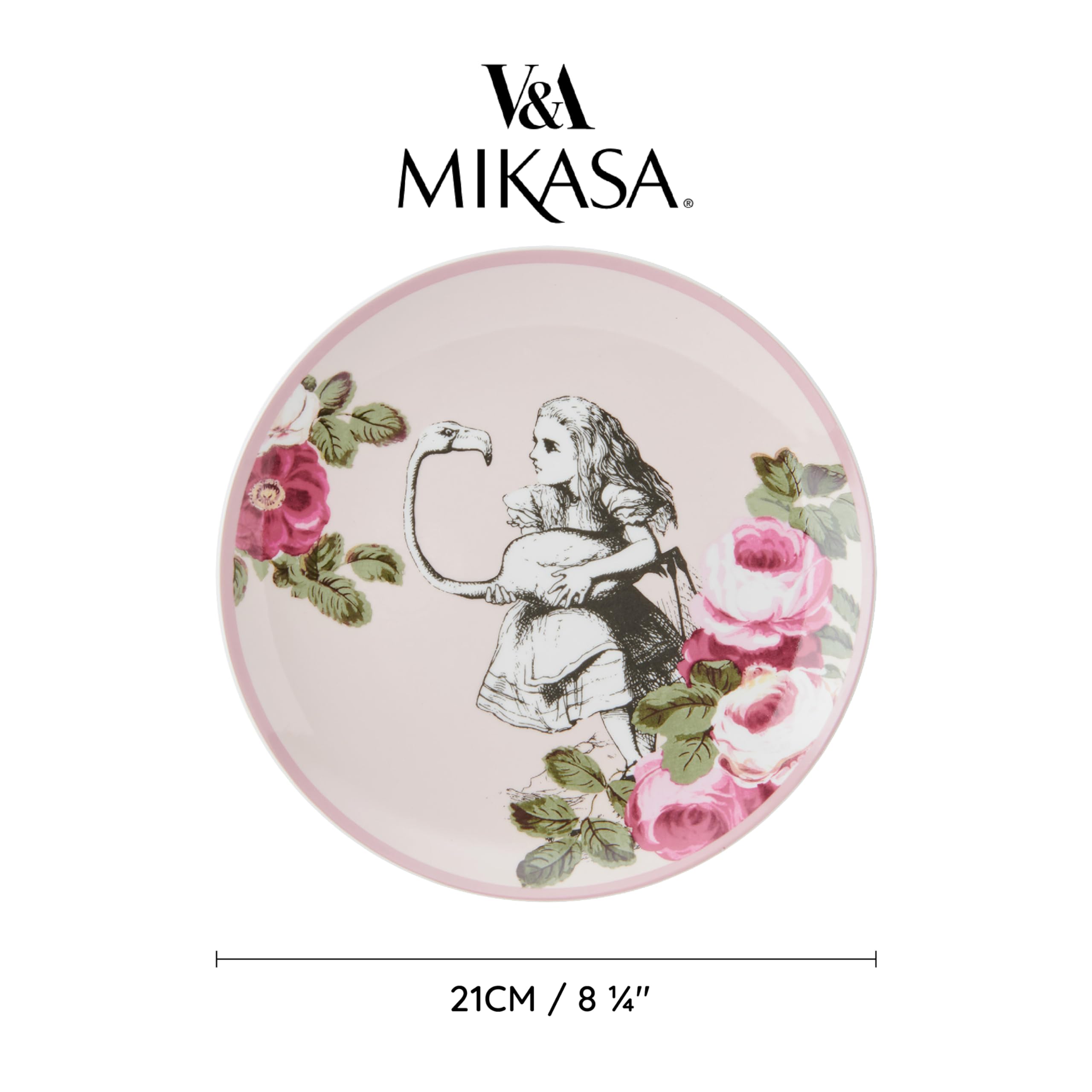MIKASA and The V&A - Juego de 4 platos para tartas para té de la tarde, 21 cm, porcelana china, té de Alicia en el país de las maravillas, apto para lavavajillas y en caja de regalo