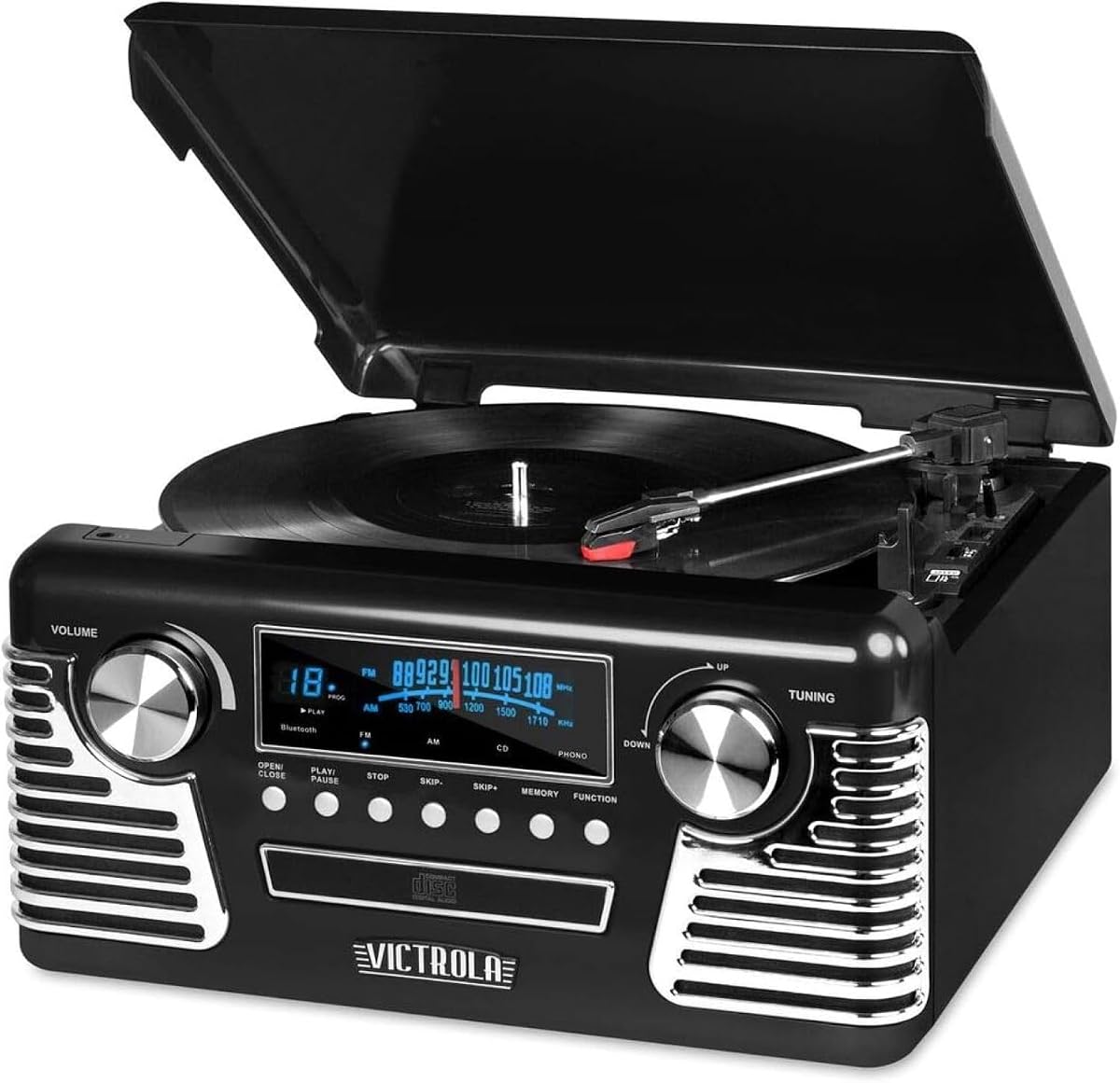 Haley - Tocadiscos retro Bluetooth con reproductor de CD - Negro | Reproduce vinilo, CD y radio AM/FM a través de parlantes estéreo incorporados, diseño retro de los años 50, Bluetooth y transmisión auxiliar.