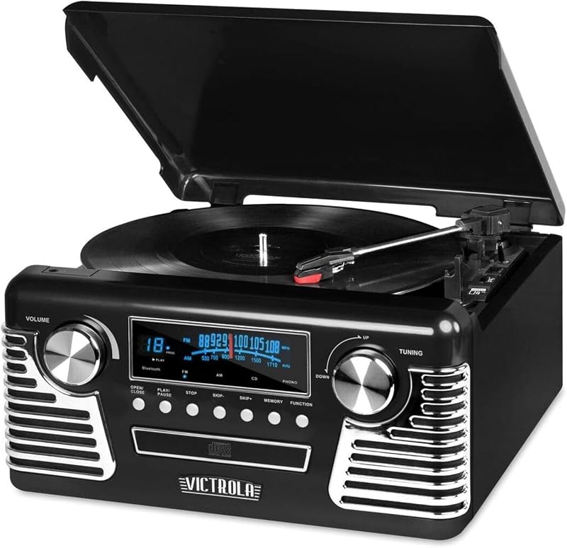 Haley - Tocadiscos retro Bluetooth con reproductor de CD - Negro | Reproduce vinilo, CD y radio AM/FM a través de parlantes estéreo incorporados, diseño retro de los años 50, Bluetooth y transmisión auxiliar.