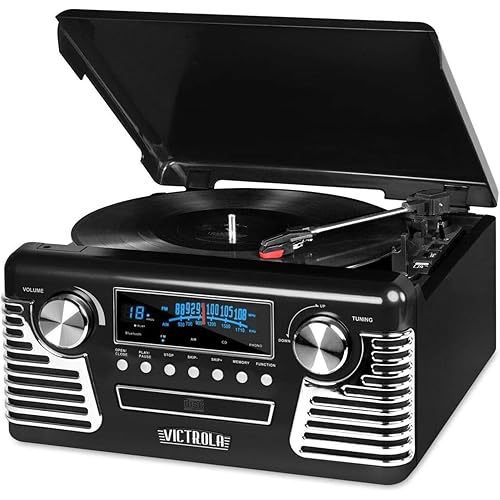 Victrola 50's Retro Bluetooth Record Player & Multimedia Center with Built-in Speakers - 3-Speed Turntable, CD Player, AM/FM Radio | Wireless Music Streaming | Black