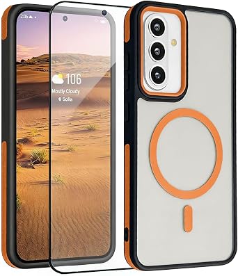 Magnetic Case for Samsung Galaxy A55 Phone Case with Screen Protector, Translucent Matte Back Protective Cover Anti-Scratch Shockproof Slim Thin Cover for Samsung A55 5G 6.6" Orange