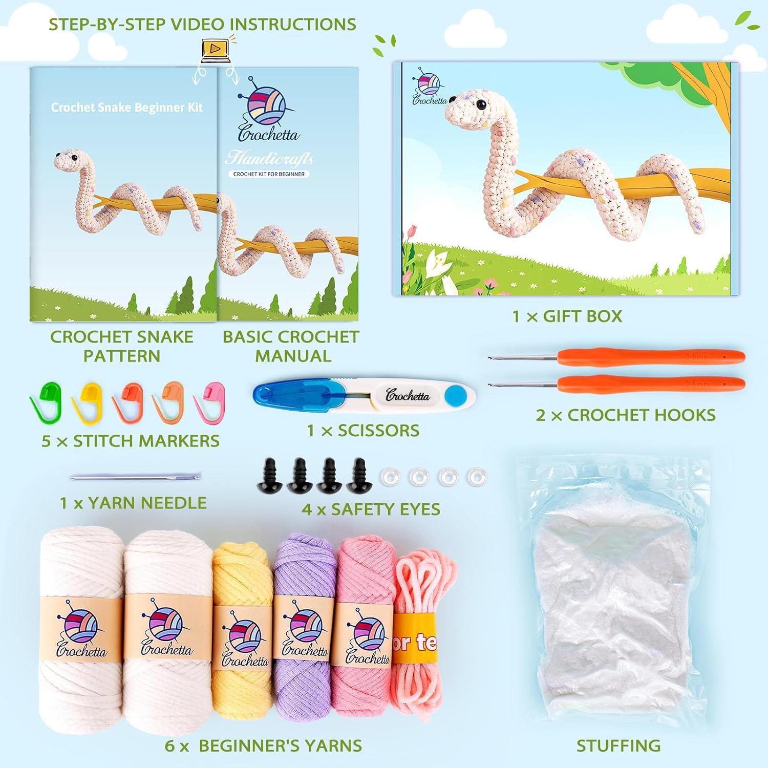 Crochet Kit for Beginners, Beginner Crochet Kit for Teenagers Adults with Step-by-Step Video Tutorials, DIY Crochet Animal Kits Knitting Supplies, Snake (40%+ Yarn)