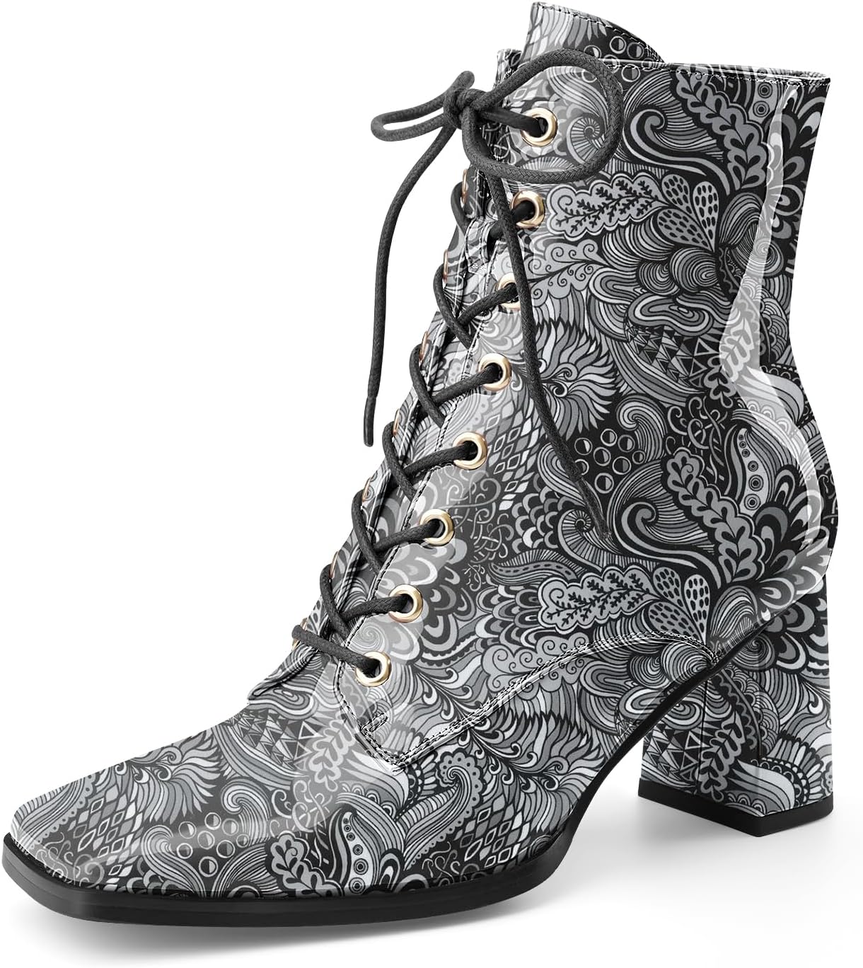 Women's Chunky Heel Ankle Boots Square Toe Lace-up Chunky Block Heeled Side Zipper Short Booties Comfortable Walking Boot Shoes