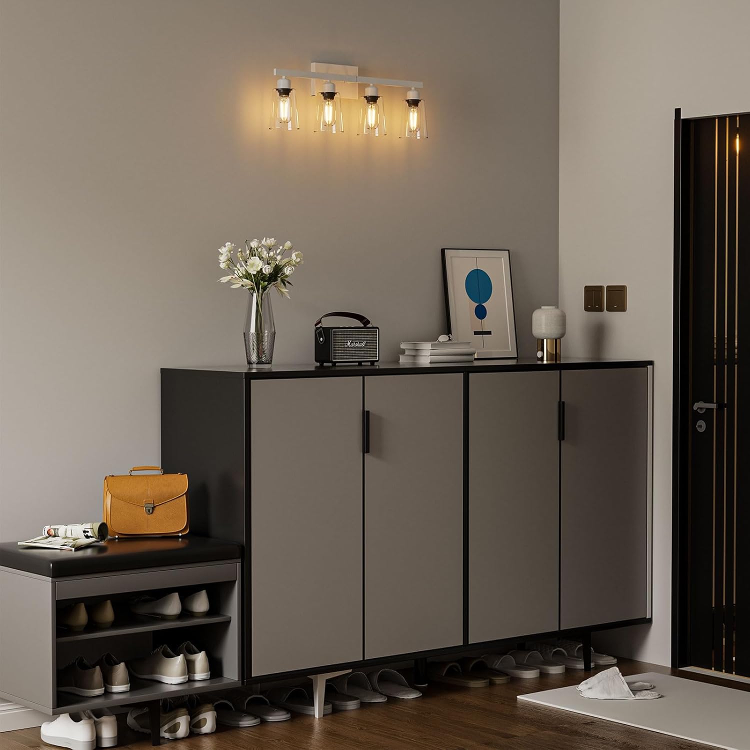 Lightdot 4 Light Bathroom Vanity Light, 26.5" White Bathroom Light Fixtures with Clear Glass Waterproof Shades, Rust-Proof Modern Vanity Lights Over Mirror for Kitchen Hallway Cabinet Porch