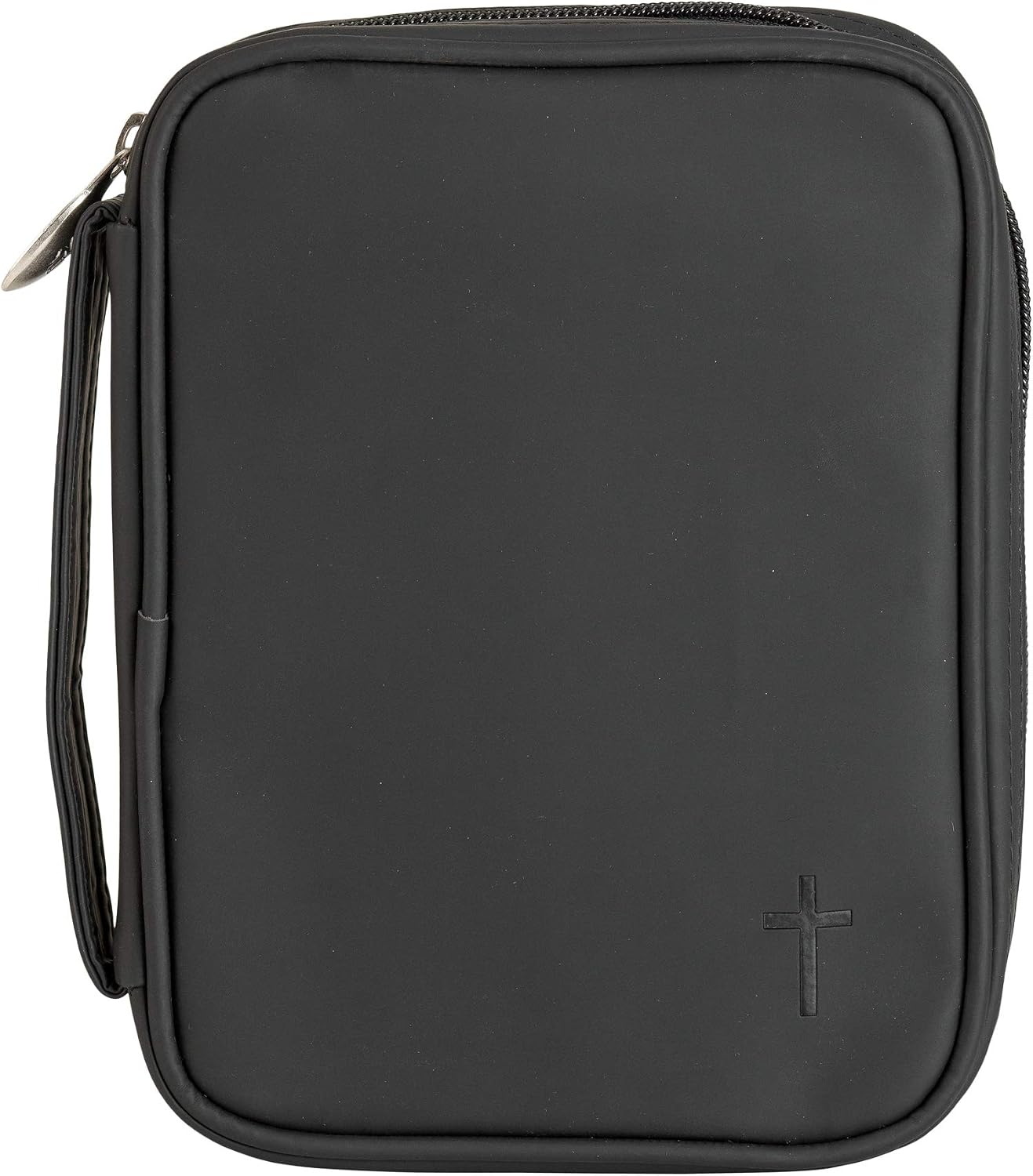 Matte Black Stitched Cross 8 x 6 Fabric Zippered Bible Cover Case with Handle, Compact