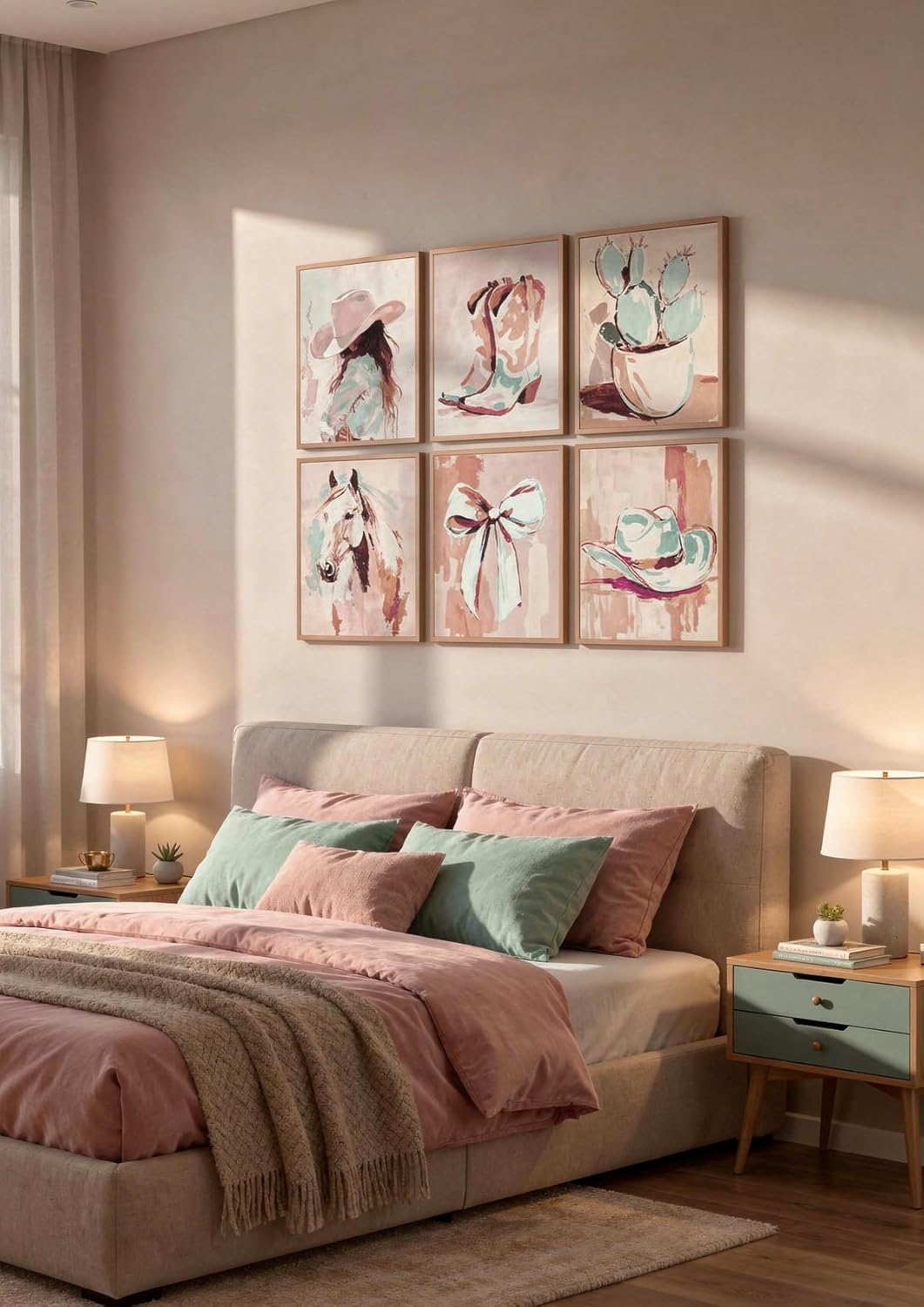6Pcs Pink Western Cowgirl Canvas Wall Art Coastal Cowgirl Horse Bow Posters Prints Trendy Preppy Room Wall Decor Pictures for Living Room Bedroom Home Decoration 12x16in Unframed - Image 3