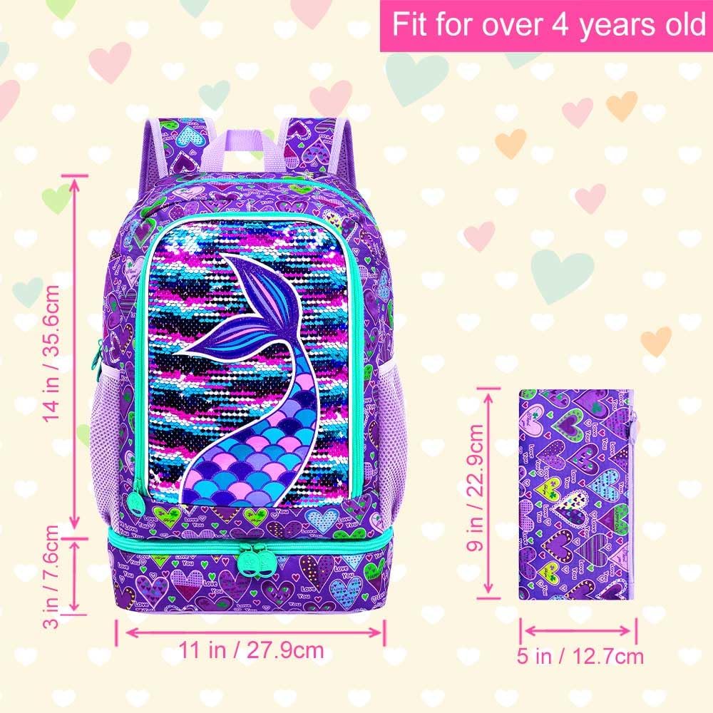 AGSDON 2-in-1 Mermaid Backpack for Girls,School Bookbag with Lunch Bag,17" Water Resistant Backpack for Preschool Elementary Student