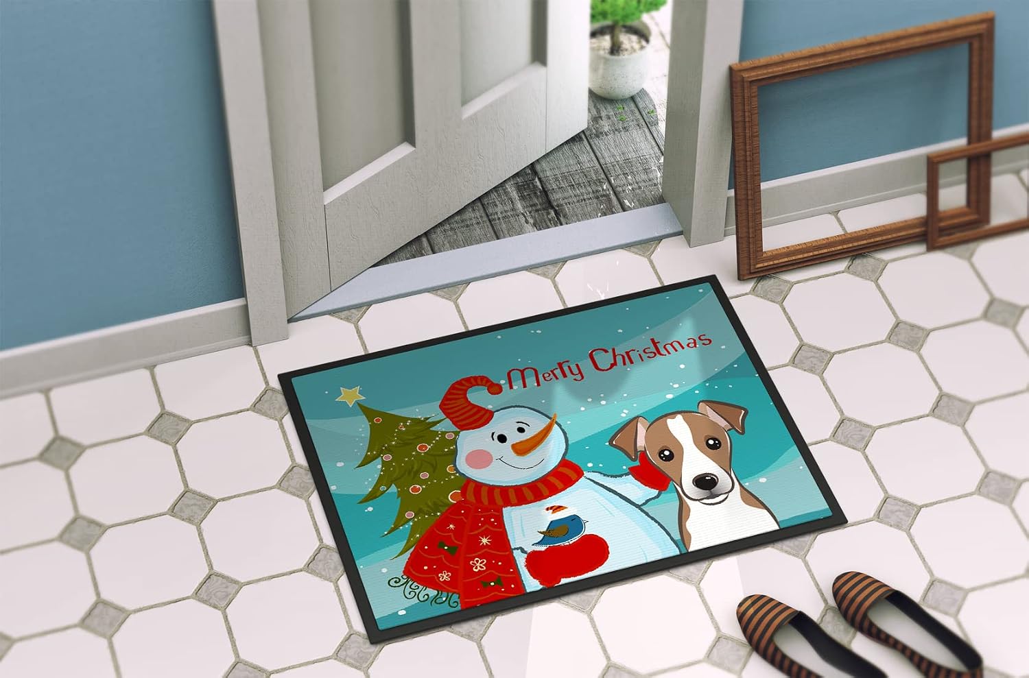 Caroline's Treasures BB1880MAT Snowman with Jack Russell Terrier Doormat 18x27 Front Door Mat Indoor Outdoor Rugs for Entryway, Non Slip Washable Low Pile, 18H X 27W