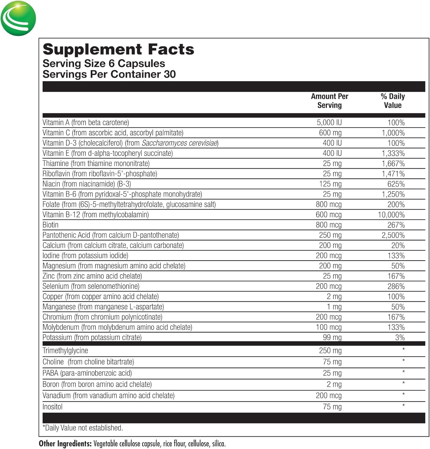 Nutra BioGenesis UltraGenesis - Multivitamin Without Iron for Women and Men, Immune Support for 50+ with Vitamin A, C, D, E and Minerals Calcium, Zinc + More, Plant Based - 180 Vegan Capsules