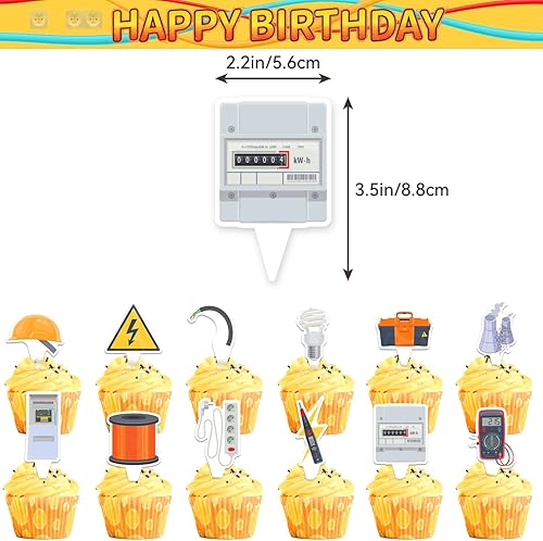 Miniatura 5 de Decoraciones de fiesta de electricista, electricista, liniero, decoraciones temáticas incluye pancarta de feliz cumpleaños, decoración de tartas,