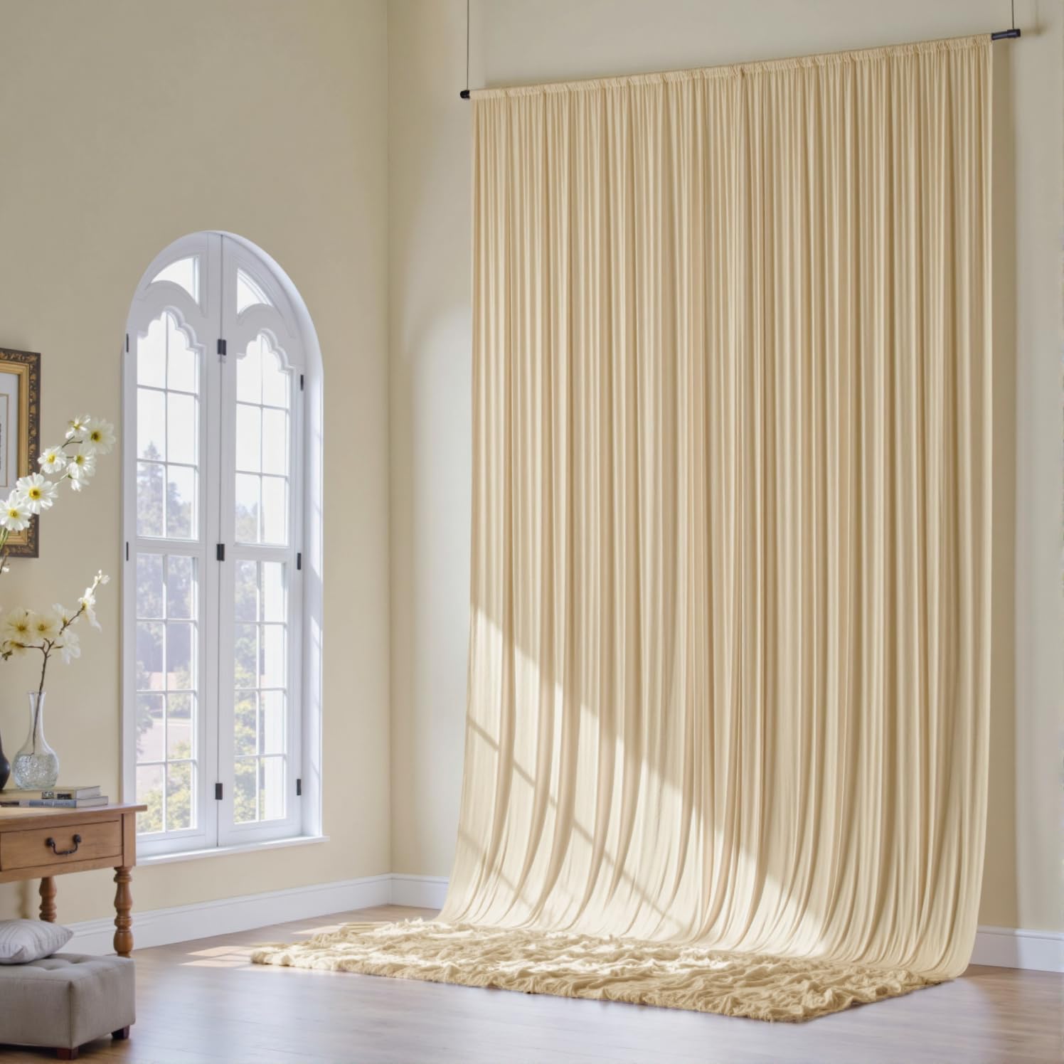 10x16ft Beige Backdrop Curtain for Party, 2 Panels Wrinkle Free 16 Foot Long Polyester Photo Backdrop Drapes Photography Background for Wedding