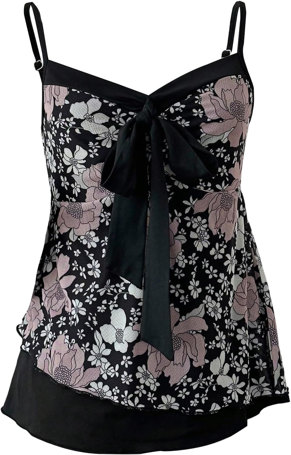 Milumia Women's Y2k Floral Print Cami Top Tie Front Layered Hem Mesh Casual Tops