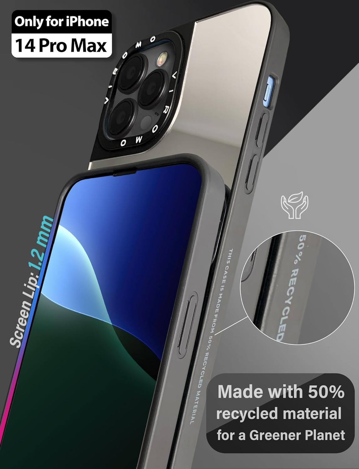 VIROMO Unbreakable Mirror Case for iPhone 14 Pro Max with 2 Screen Protectors, Flexible Acrylic Not Glass Shockproof Slim Scratch Resistant Reflective Makeup Cover for Women