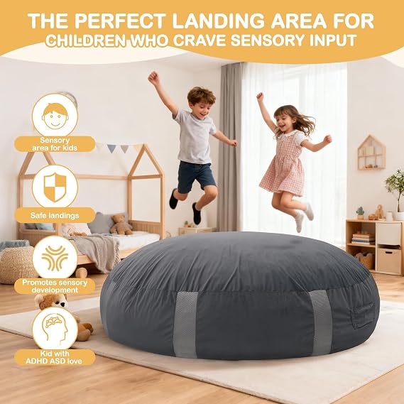 FINCOME Sensory Pads for Kids Sensory 5'x 5'/ 4'x 3' Gray Mat with Foam Blocks Washable Velvet Cover Sensory Crash Mat for Climbing Gymnastics Sensory Pad for Sensory Tool, Schools, Sensory Therapy