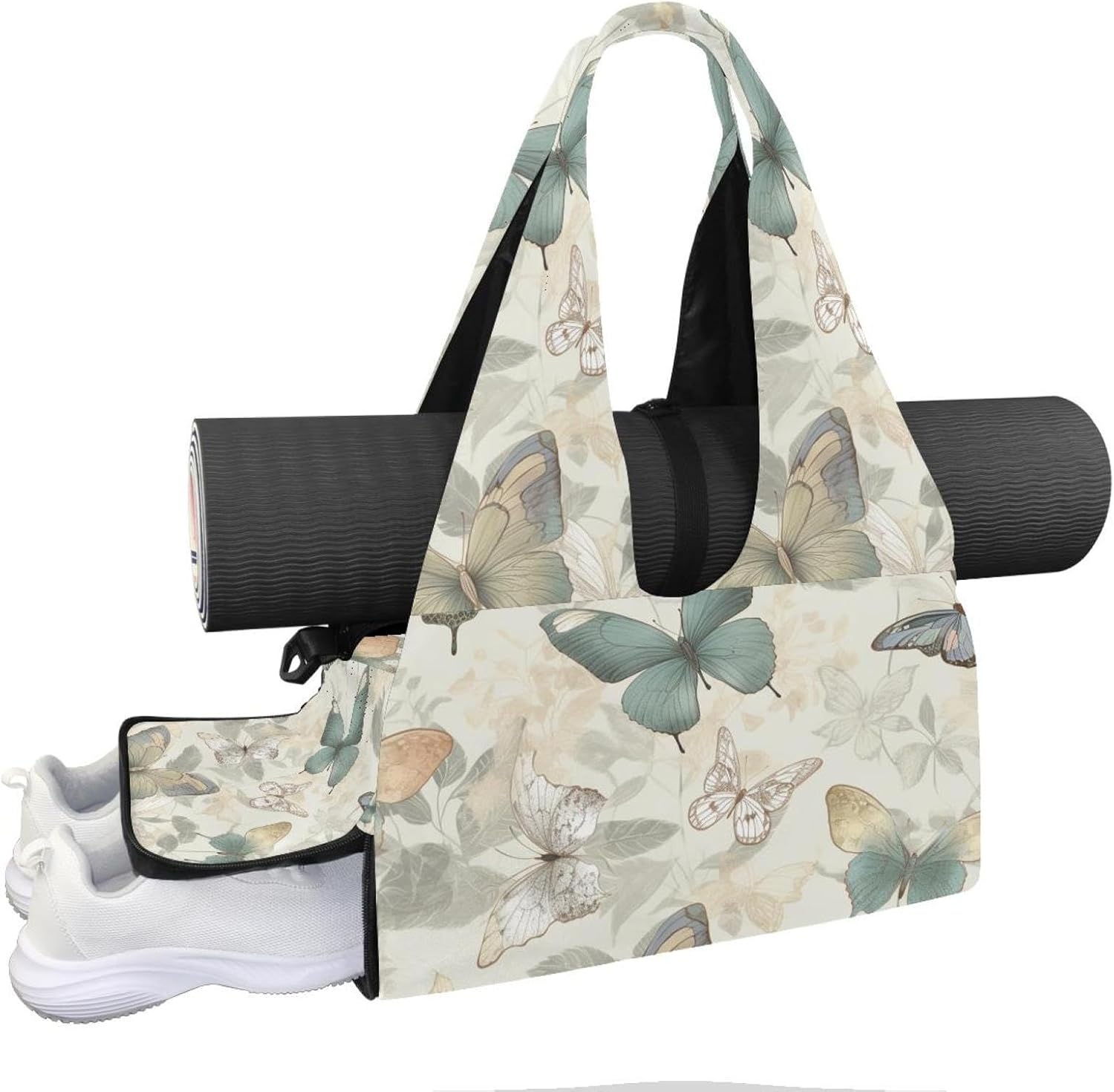 Gym Bag for Women, Butterflies Florals Yoga Mat Bag with Shoe Compartment, Sport Yoga Gym Bag with Yoga Strap, Carryall Yoga Tote Bag