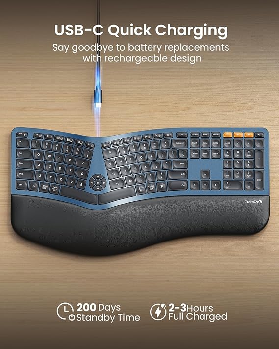 ProtoArc Backlit Bluetooth Ergonomic Keyboard, EK01 Plus Full Size Wireless Split Keyboard with Dual Bluetooth and USB, Cushioned Wrist Rest, Rechargeable, Compatible with Windows/Mac/Android, Blue